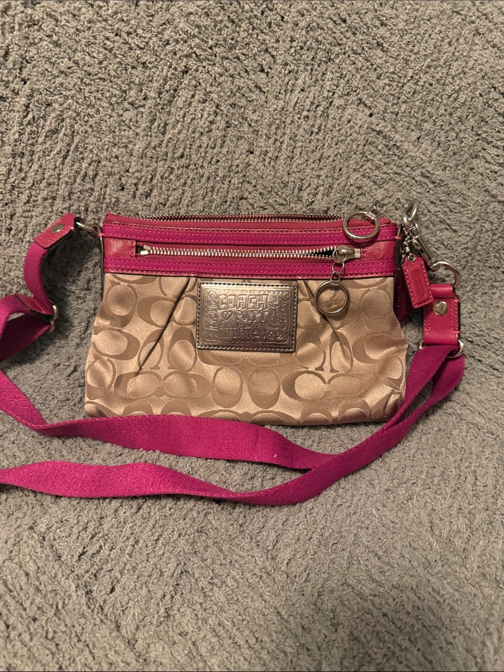 Coach Gold Signature Crossbody with Pink Trim